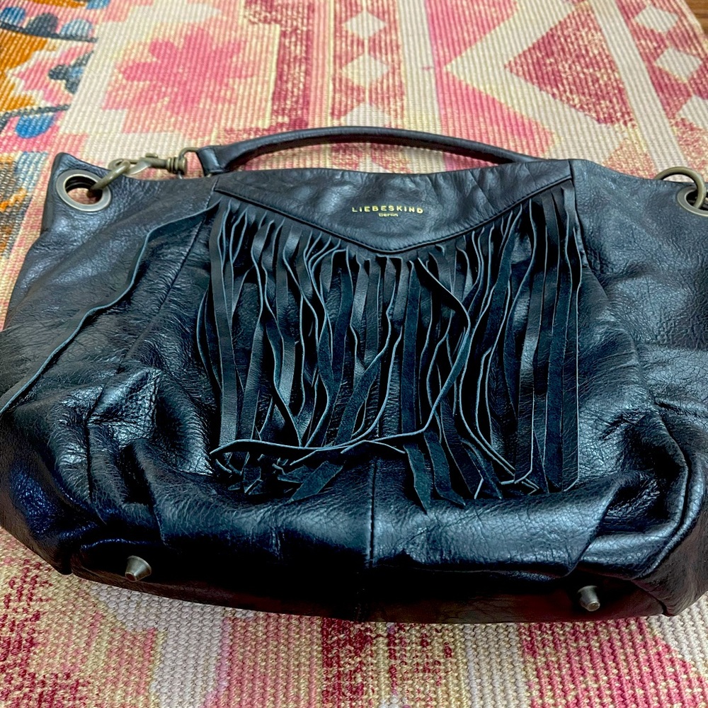 Beautiful large black leather Liebeskind bag with fringe on the front.